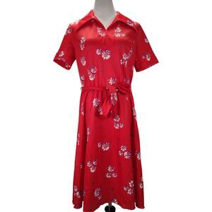 Vintage 70s Casual Midi Dress Size L Red Floral Print Dagger Collar Poly Knit